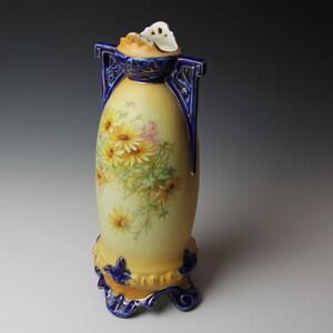Austrian Porcelain Vase - Golden yellow and cobalt blue with Hand Painted Flowers - Art Nouveau 1900s