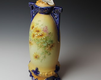 Austrian Porcelain Vase - Golden yellow and cobalt blue with Hand Painted Flowers - Art Nouveau 1900s