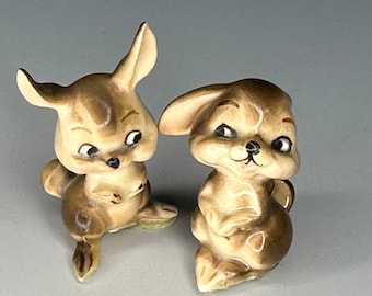 Miniature Josef Originals Cute Bunny Pair - Big Head and Big Ears - Vintage Ceramic Animal Figurines 1960s