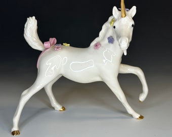 Gorgeous Unicorn Figurine with Flowers and Lavender Ribbon - Hagen Renaker - Vintage 1980s - Large Designers Workshop ceramic statue