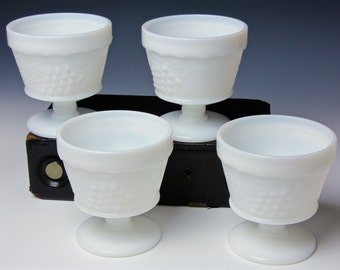 Vintage Milk Glass ANCHOR HOCKING Grapevine Pattern - Set of 4 Dessert Cups - Footed custard cups