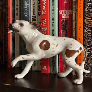 May include: A white porcelain figurine of a dog with brown spots. The dog is standing on a shelf with a row of books behind it.