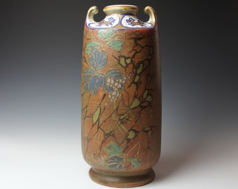Large Moriage Ceramic Vase - Hand Painted Royal Nishiki Nippon - Grape Leaf Design