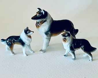 Rough Collie Mama and Puppies Miniature Bone China Dog Figurines VINTAGE FIND