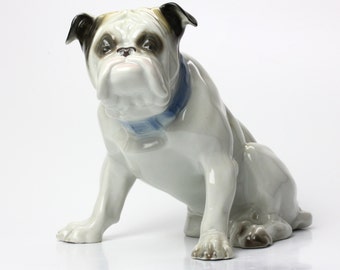 English Bulldog, Grafenthal German Porcelain 1930s. Dog lover gift. Large ceramic figurine. Gray, tan and white.