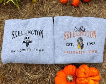 Jack and Sally Skellington Embroidered Sweatshirt, Halloween Town Couple Matching Shirt, Nightmare Before Christmas Hoodie, Disney Xmas Gift