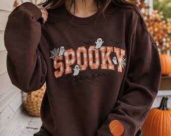 Spooky Season Embroidered Sweatshirt, Halloween Ghost Crewneck, Gingham Halloween Applique Tee, Halloween Gift, Cozy Pumpkin Season Gift