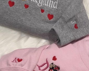 Disneyland Mickey and Minnie Embroidered Sweatshirt, Disney Couple Shirt, Magical Land Valentine Embroidered Hoodie, Valentines Day Shirt