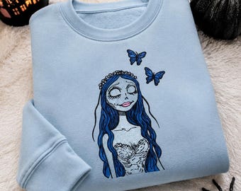 Embroidered Emily Corpse Bride Shirt, Gothic Bride Butterfly Sweatshirt, Dark Aesthetic Halloween Shirt, Spooky Bride Embroidery Hoodie