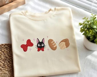 Kiki Black Cat Bread Machine Embroidered Shirt, KiKi's Bakery Jiji Sweater, Kiki's Delivery Service Shirt, Ghibli Anime Tee, Anime Fan Gift