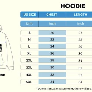 Peut inclure: Diagramme des mesures de sweat &agrave; capuche en pouces. Le tableau affiche les tailles am&eacute;ricaines de S &agrave; 5XL, avec les mesures correspondantes de poitrine, de longueur et de manches. Le texte "HOODIE" est en haut. Une illustration d'un sweat &agrave; capuche est &agrave; gauche.