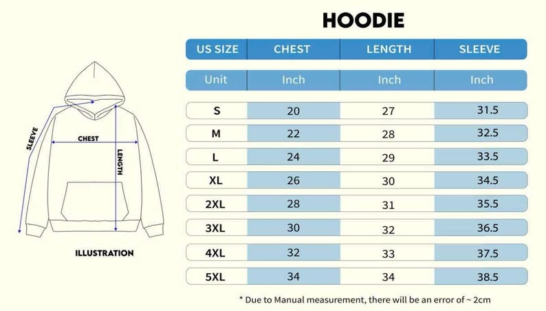Peut inclure: Diagramme des mesures de sweat &agrave; capuche en pouces. Le tableau affiche les tailles am&eacute;ricaines de S &agrave; 5XL, avec les mesures correspondantes de poitrine, de longueur et de manches. Le texte "HOODIE" est en haut. Une illustration d'un sweat &agrave; capuche est &agrave; gauche.