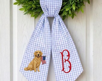 Embroidery Golden Retriever Wreath Sash, Custom Monogram Door Decor, Patriotic Dog Door Bow, USA Wreath Sash, America Flag, 250 Anniversary