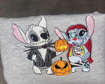 Embroidered Halloween Stitch and Angel Sweatshirt, Jack and Sally Shirt, Spooky Pumpkin Couple Crewneck, Disney Nightmare Halloween Hoodie