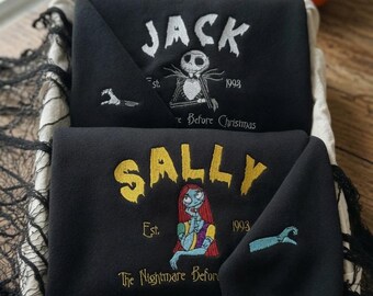 Embroidered Jack And Sally Halloween Couple Shirt, Nightmare Before Christmas Sweatshirt, Jack Skellington Hoodie, Disney Halloween Shirt