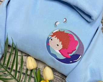 Embroidered Anime Character Crewneck Sweatshirt, Kawaii Ocean Embroidery Shirt, Anime Hoodie, Inspired by Studio Anime, Gift for Anime Fans
