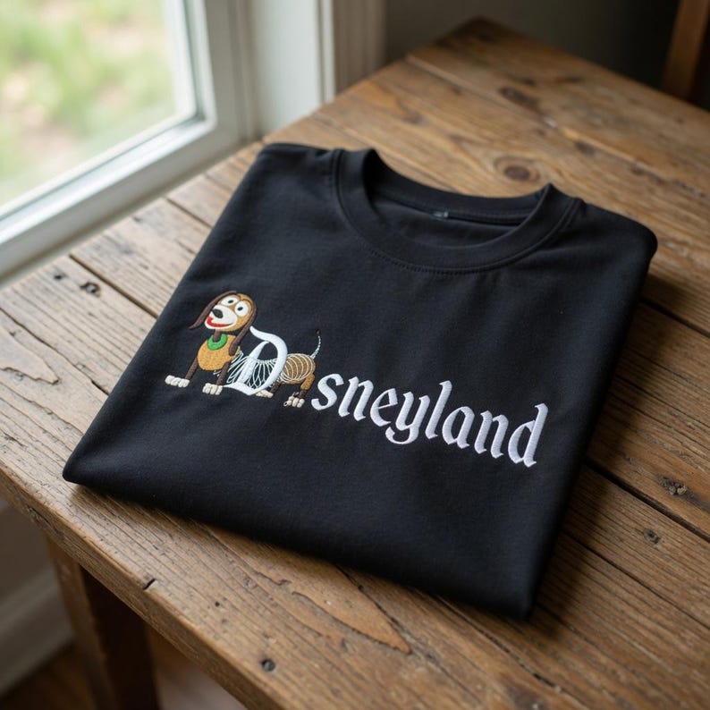 May include: Black crew neck sweatshirt with white embroidered text that reads "Disneyland". The sweatshirt features an embroidered cartoon dog character with a green collar and a brown and tan body.