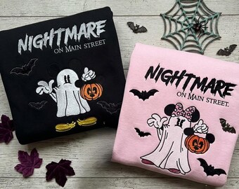 Embroidered Nightmare on Main Street Sweatshirt, Halloween Ghost Mickey & Minnie Couple Shirt, Spooky Fall Tee, Disney Halloween Hoodie