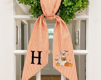 Personalized Halloween Ghost Dog Wreath Sash, Custom Monogram Door Decor, Front Door Halloween Decor, Fall Wreath Bow, Spooky Sash
