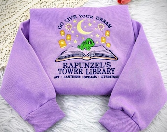 Moletom bordado da Biblioteca da Torre da Rapunzel, Camiseta com o Sapo Pascal de Enrolados, Camiseta da Princesa Rapunzel da Disney, Suéter aconchegante para amantes de livros da Disney