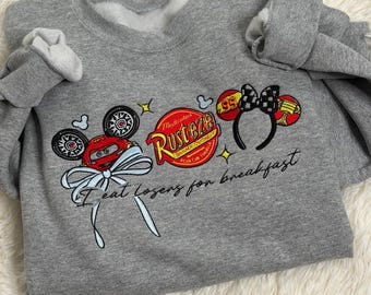 Sudadera bordada de Rayo McQueen de Disney, camiseta con lazo "I Eat Losers for Breakfast" de Disney Cars, sudadera con capucha para chica que viaja a Disneyland