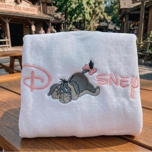 Disney Eeyore Embroidered Sweatshirt, Coquette Pink Disney Embroidery Hoodie, Winnie the Pooh Inspired, Disney Trip Shirt, WDW Family Tee