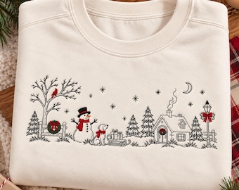 Vintage Christmas Village Embroidered Shirt, Snowman and Dog Christmas Sweatshirt, Cozy Winter Wonderland Sweater, Holiday Xmas Gift