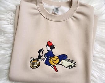 Embroidered Kiki's Delivery Service Shirt, Kiki's Jiji Sweatshirt, Studio Ghibli Hoodie, Ghibli Inspired, Anime Lover Shirt, Y2K Shirt