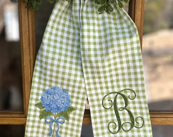 Embroidered Personalized Blue Hydrangea Wreath Sash, Custom Monogram Wedding Sash Door, Coastal Spring Home Decor, Blue Floral Door Bow