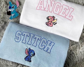 Stitch and Angel Embroidered Sweatshirt, Disney Couple Embroidery Hoodie, Matching Lilo and Stitch Cartoon Shirt, Disney Trip Family Tee