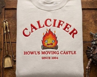 Vintage Calcifer Embroidered Shirt, Howl's Moving Castle Sweatshirt, Studio Inspired Embroidered Anime Hoodie, Ghilbi Anime Fan Gift