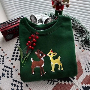 Rudolph and Clarice Couple Christmas Embroidered Sweatshirt, Reindeer Christmas Embroidered Shirt, Holiday Xmas Hoodie, Cozy Winter Gift