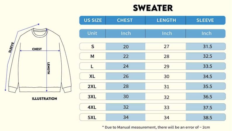 Peut inclure: Illustration d'un pull blanc avec des mesures de poitrine, de longueur et de manches en pouces. Un tableau des tailles r&eacute;pertorie les tailles US de S &agrave; 5XL, avec des mesures de poitrine de 50.8 &agrave; 86.4 cm, des longueurs de 68.6 &agrave; 86.4 cm et des longueurs de manches de 80 &agrave; 97.8 cm.