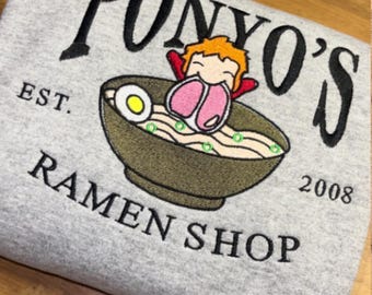 Embroidered Ponyos Ramen Shop Sweatshirt, Cute Anime Character Shirt, Studio Anime Gift Shirt, Anime Lovers, Japanese Clothing, Y2K Shirt