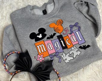 Disney Mickey Magical Halloween Embroidered Sweatshirt, Disneyland Halloween Shirt, Spooky Fall Disney Crewneck, Disney Halloween Hoodie