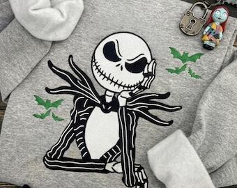 Embroidered Jack Skellington Halloween Shirt, Nightmare Before Christmas Sweatshirt, Spooky Gothic Pullover, Disney Halloween, Fall Outfit