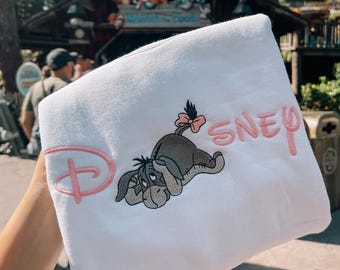 Disney Eeyore Embroidered Sweatshirt, Coquette Pink Disney Embroidery Hoodie, Winnie the Pooh Inspired, Disney Trip Shirt, WDW Family Tee