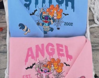 Disney Stitch and Angel Halloween Embroidered Sweatshirt, Stitch & Angel Spooky Shirt, Halloween Couple Matching Tee, Disney Halloween Gift