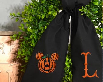 Embroidered Custom Monogram Disney Pumpkin Mickey Wreath Sash, Disney Halloween Wreath Sash, Personalized Fall Front Door Decor, Spooky Sash