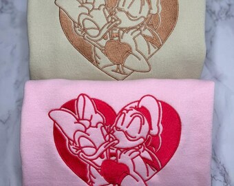 Embroidered Donald and Daisy Duck Couple Sweatshirt, Disney Couple Shirt, Sweetheart Valentine Disney Crewneck, Romantic Cartoon Duck Shirt