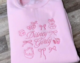 Embroidered Disney Girly Sweatshirt, Coquette Bow Disney Shirt, Mickey Coquette Shirt,  Magic Kingdom Girly Disneyland Girl Trip Hoodie