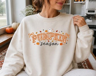 Embroidered Pumpkin Season Sweatshirt, Gingham Applique Fall Crewneck, Autumn Cozy Pullover Gift, Cozy Fall Hoodie, Thanksgiving Gift