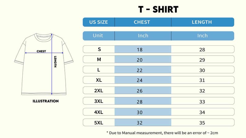 Peut inclure: Tableau des tailles de t-shirt avec mesures en pouces. Les tailles vont de S &agrave; 5XL, avec des mesures de poitrine de 45,7 cm &agrave; 81,3 cm et des longueurs de 71,1 cm &agrave; 88,9 cm. Une illustration d'un t-shirt est &eacute;galement incluse.
