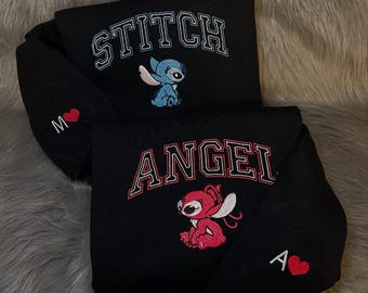 Embroidered Stitch And Angel Couple Sweatshirt, Disney Couple Shirt, Matching Movie Cartoon Embroidered Crewneck, Valentine's Day Hoodie