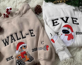 Wall-E and Eve Robot Couple Christmas Embroidered Sweatshirt, Disneyland Matching Christmas Shirt, Christmas Party Shirt, Disney Christmas