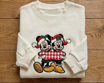 Embroidered Disney Mickey Minnie Christmas Sweatshirt, Disney Couple Xmas Shirt, Holiday Crewneck Hoodie, Christmas Family Matching Tee