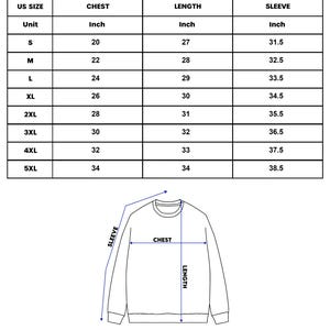 May include: A white chart with the word "SWEATER" in a red rectangle at the top. The chart lists US sizes, chest, length, and sleeve measurements in inches. An illustration of a sweater with labeled dimensions is below the chart.