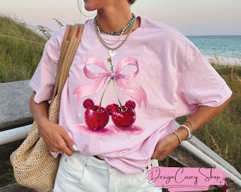 Coquette Cherry Mouse Ears T-Shirt, Cartoon Mouse Coquette Shirt, Cherry Tee, Cartoon Pink Coquette Shirt