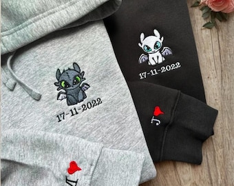 Dragon Toothless and Light Fury Couple Matching Embroidered Sweatshirt, Toothless The Dragon Shirt, Anniversary Date, Dragon Couple Hoodie