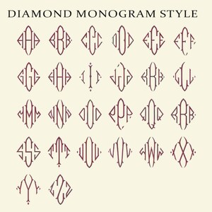 May include: A collection of diamond-shaped monograms in a burgundy color, each featuring a different letter combination. The text "DIAMOND MONOGRAM STYLE" is at the top. The monograms are displayed on a cream-colored background.